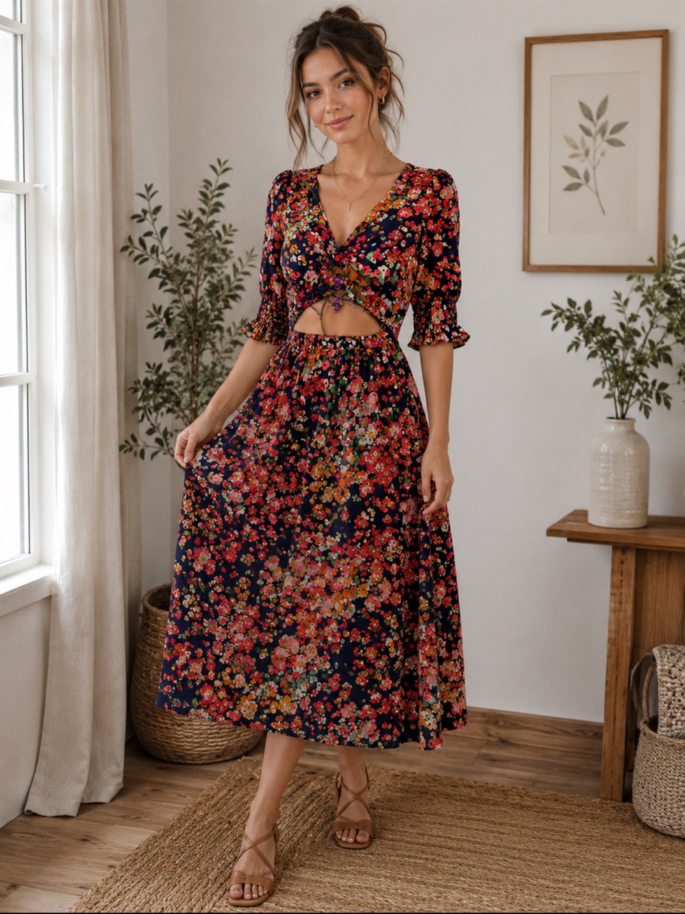 Lille Rose 💯 cotton floral Midi Dress with Cutout
Smocked  puff sleeves
Cottagec